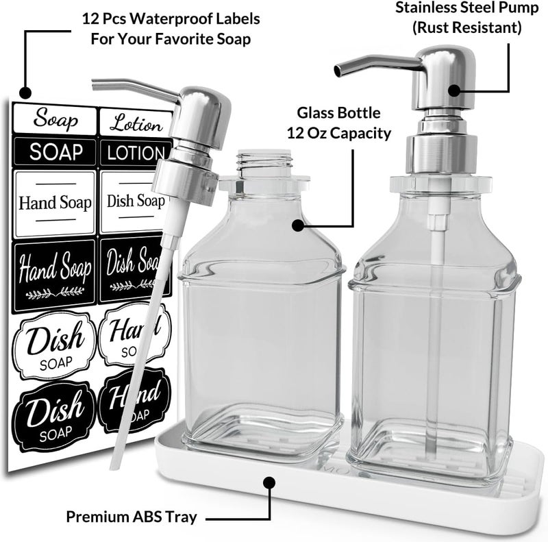LMQML Soap Dispenser - 2 Pack, Antique Design Thick Glass Hand Soap Dispensers with Sturdy Tray; 304 Rust Proof Stainless Steel Silver Pump, 12Pcs Stickers, for Kitchen, Bathroom - Image 2
